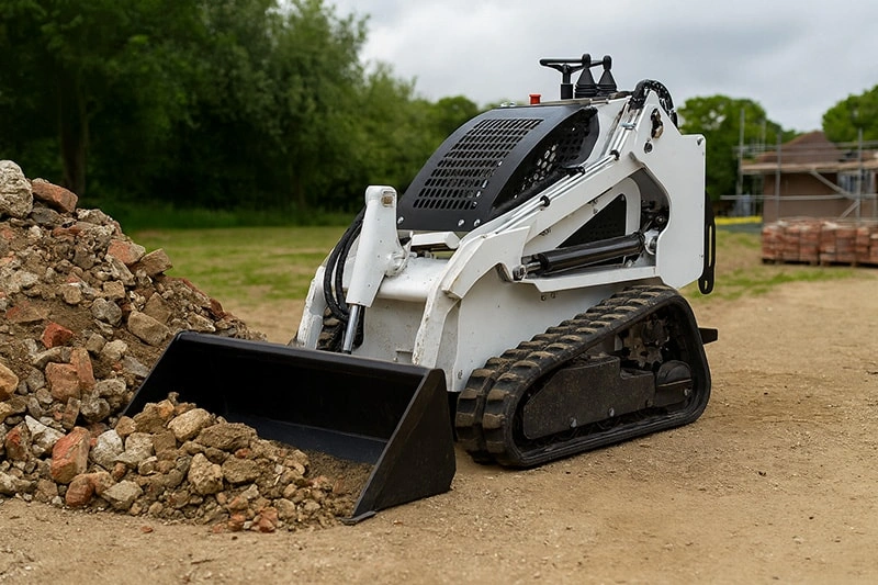 Skid steer sweeper clearing loose debris from jobsite travel lane