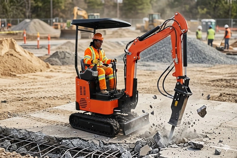 Mini excavator performing interior demolition in confined space