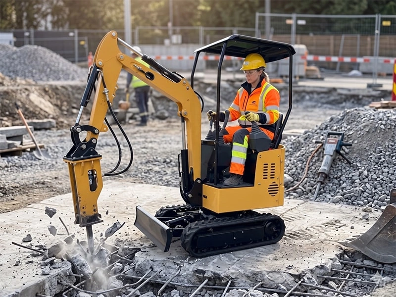 Compact excavator hydraulic hammer breaking reinforced concrete pavement