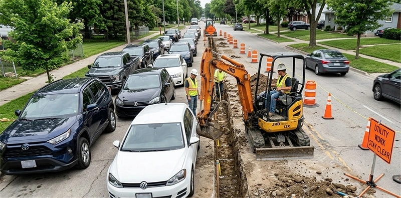 Compact excavator digging utility trench alongside parked vehicles using zero tail swing