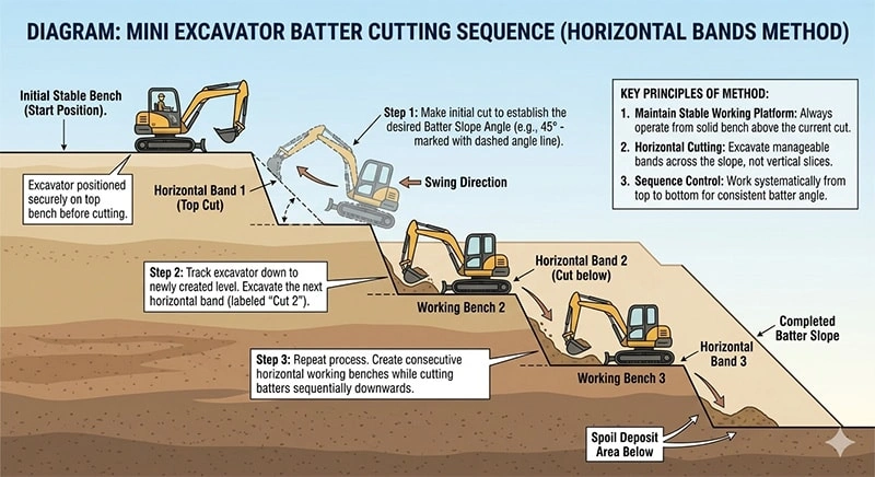 Diagram showing mini excavator batter cutting sequence in horizontal bands from bench above