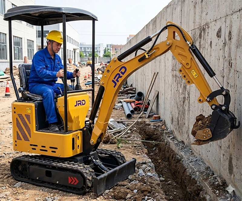 JRD machinery 22 series compact excavator using boom swing to trench alongside a concrete wall without repositioning the chassis