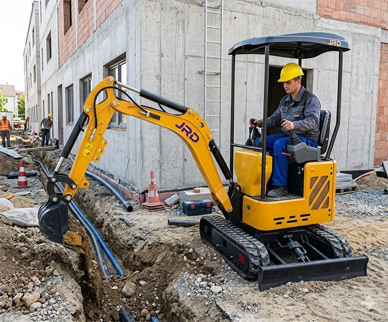 JRD machinery 16 series compact excavator with telescopic undercarriage extended and boom in lateral swing position for service trench work alongside a building