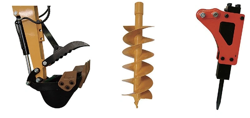 JRD machinery mini excavator attachment range showing standard bucket,Spiral drill,breaking hammer