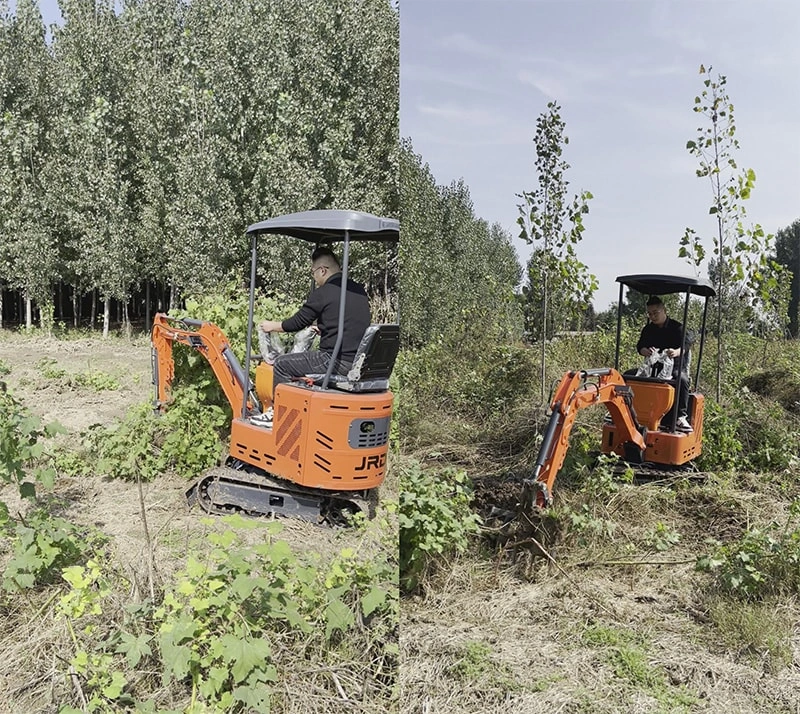 Mini Excavator with Rake Attachment — Soil Preparation in Garden Bed