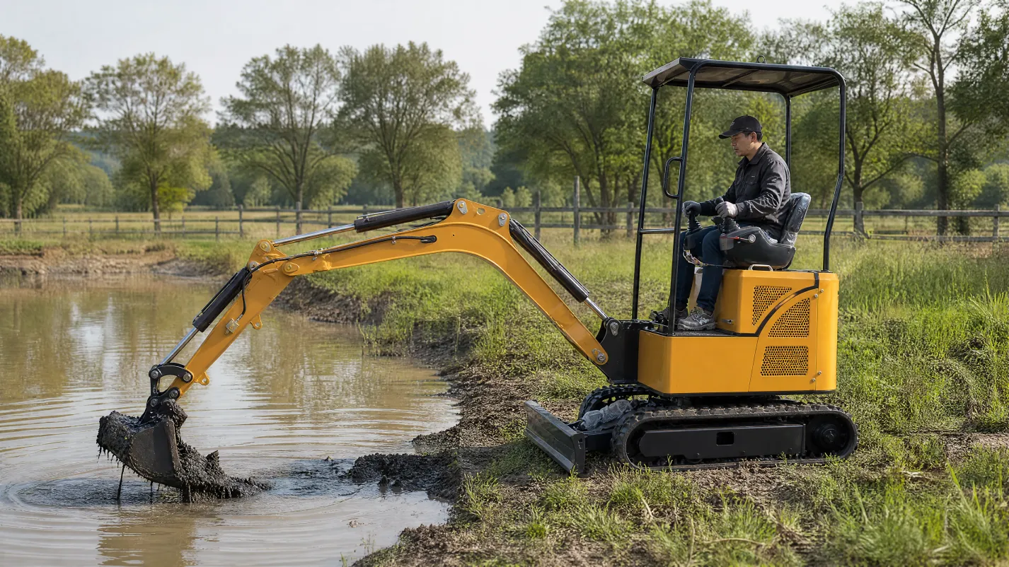 Mini Excavator Farm Pond — Compact Excavator Desilting Operation Mini Excavator for Agriculture — Drainage, Pond Work, and Farm Infrastructure