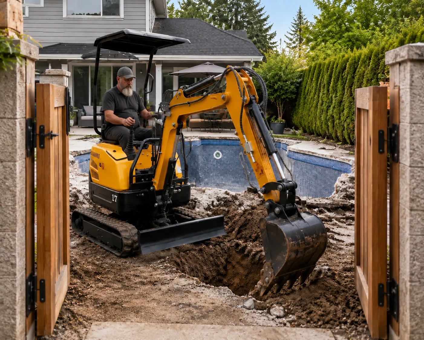 Mini excavator excavating residential swimming pool in backyard through narrow gate access Can a Mini Excavator Dig a Swimming Pool Yes — If You Plan the Access