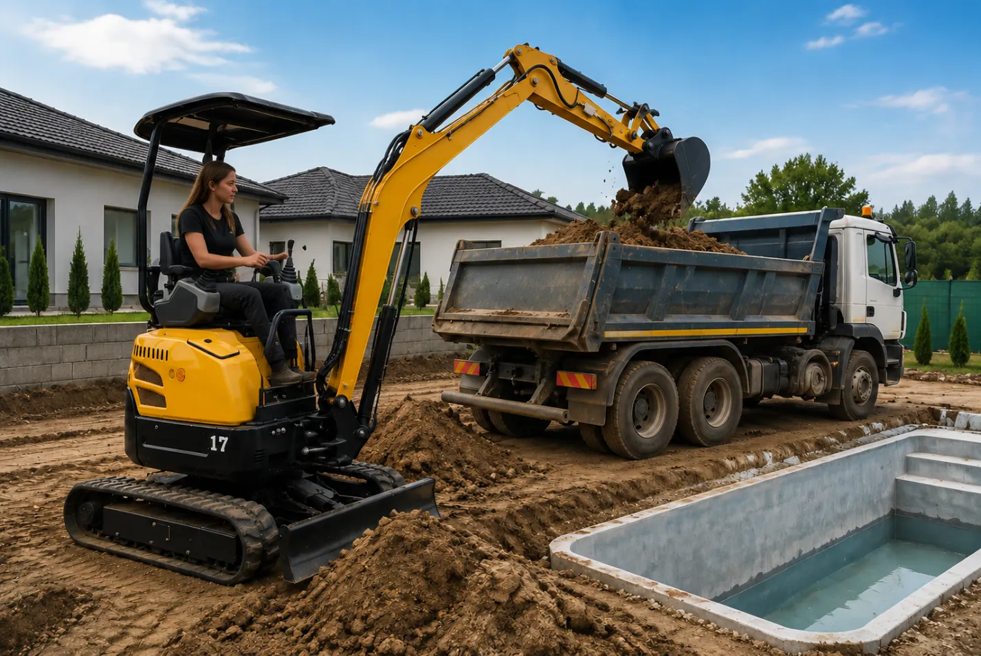Compact excavator loading spoil from pool excavation into tipper truck Can a Mini Excavator Dig a Swimming Pool Yes — If You Plan the Access - detail image 2