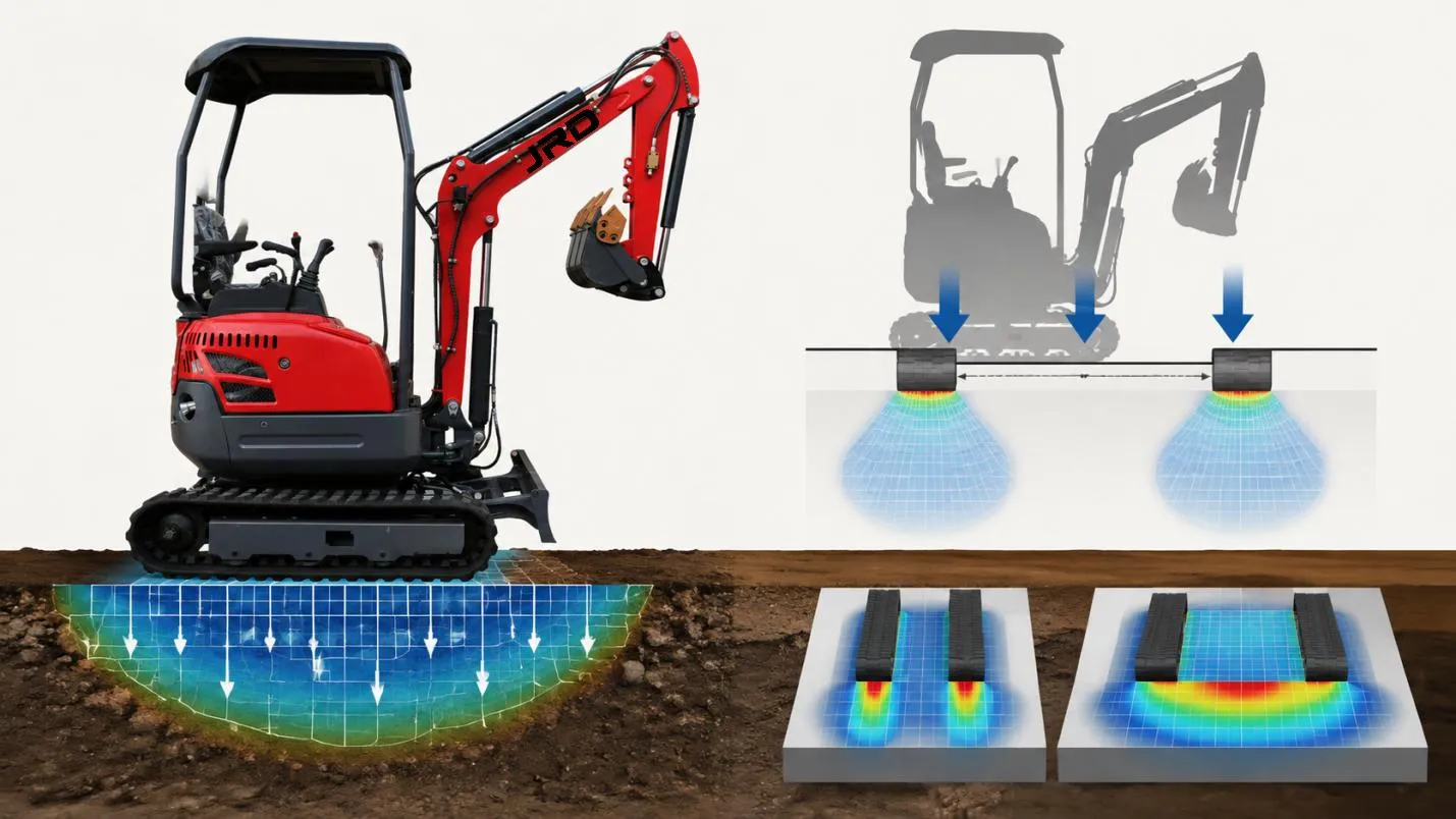 Ground pressure calculation diagram showing track width and machine weight relationship Reading the Numbers Right — What Mini Excavator Spec Sheets Actually Mean - detail image 2