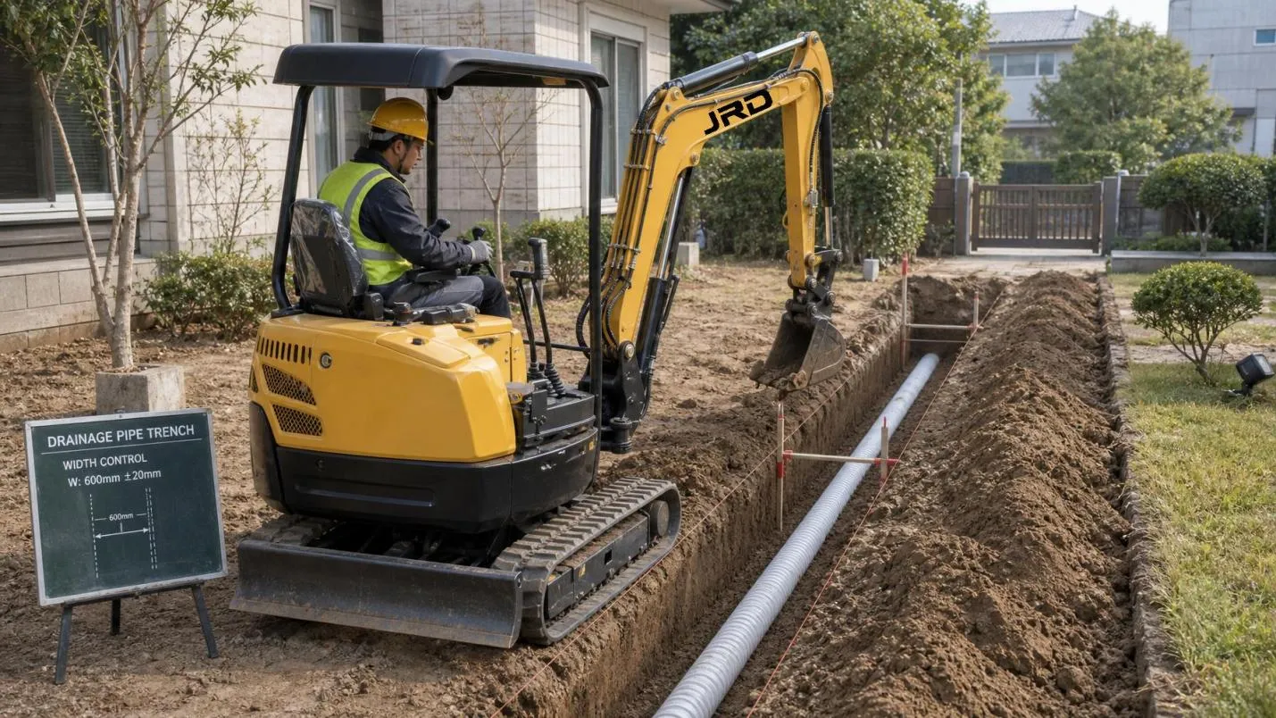 Mini excavator excavating drainage pipe trench with precise width control on residential site Mini Excavator for Pipeline and Cable Laying — Trench Precision That Pays