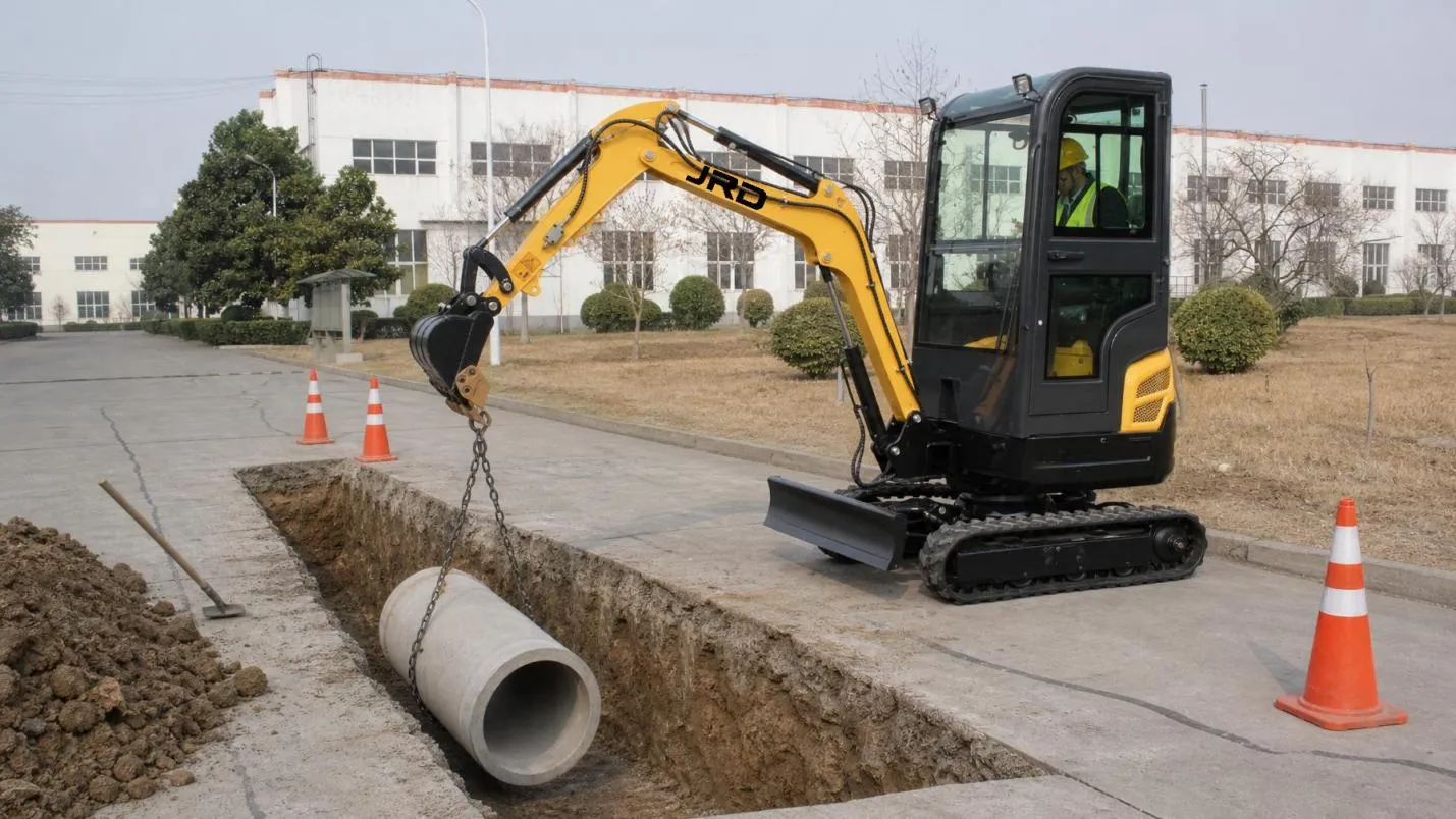 Mini excavator lowering pipe section into prepared trench using bucket and chain Mini Excavator for Pipeline and Cable Laying — Trench Precision That Pays - detail image 2