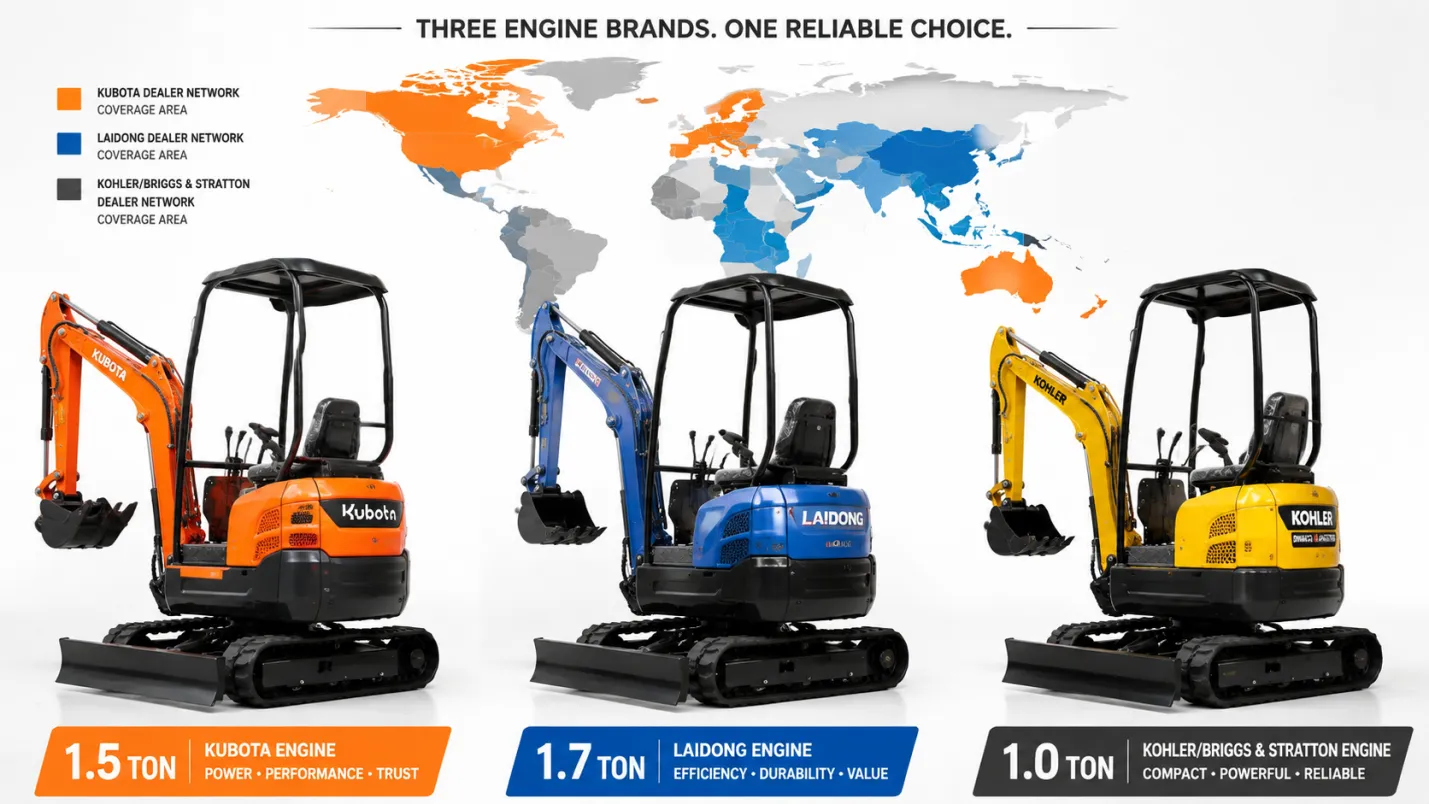Mini excavator engine comparison Kubota Laidong Kohler side by side Mini Excavator Engine Comparison — Kubota, Laidong, Kohler, and What Each One Means for Your Operation