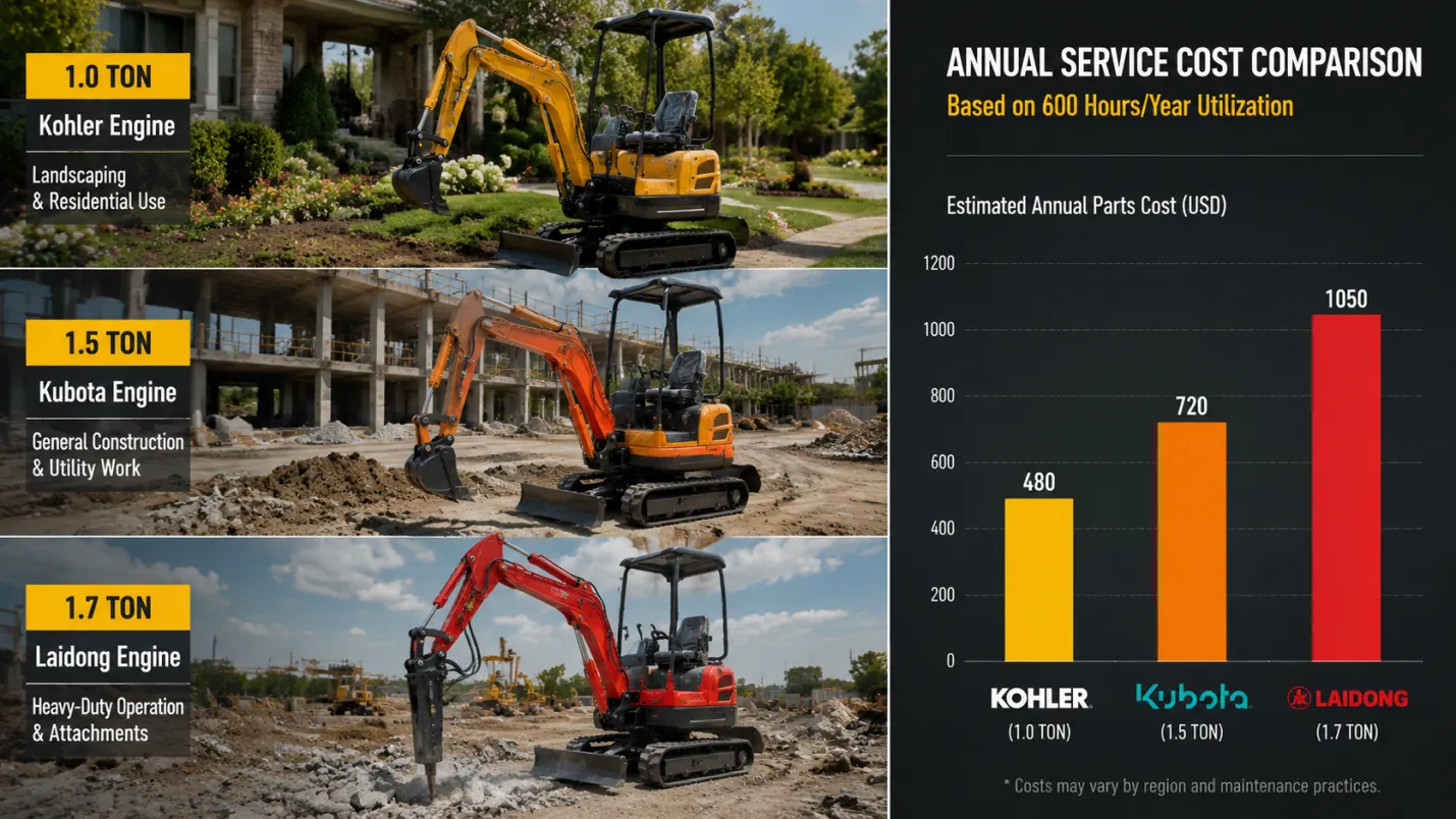 Mini excavator engine application scenarios and service cost comparison chart Mini Excavator Engine Comparison — Kubota, Laidong, Kohler, and What Each One Means for Your Operation - detail image 2