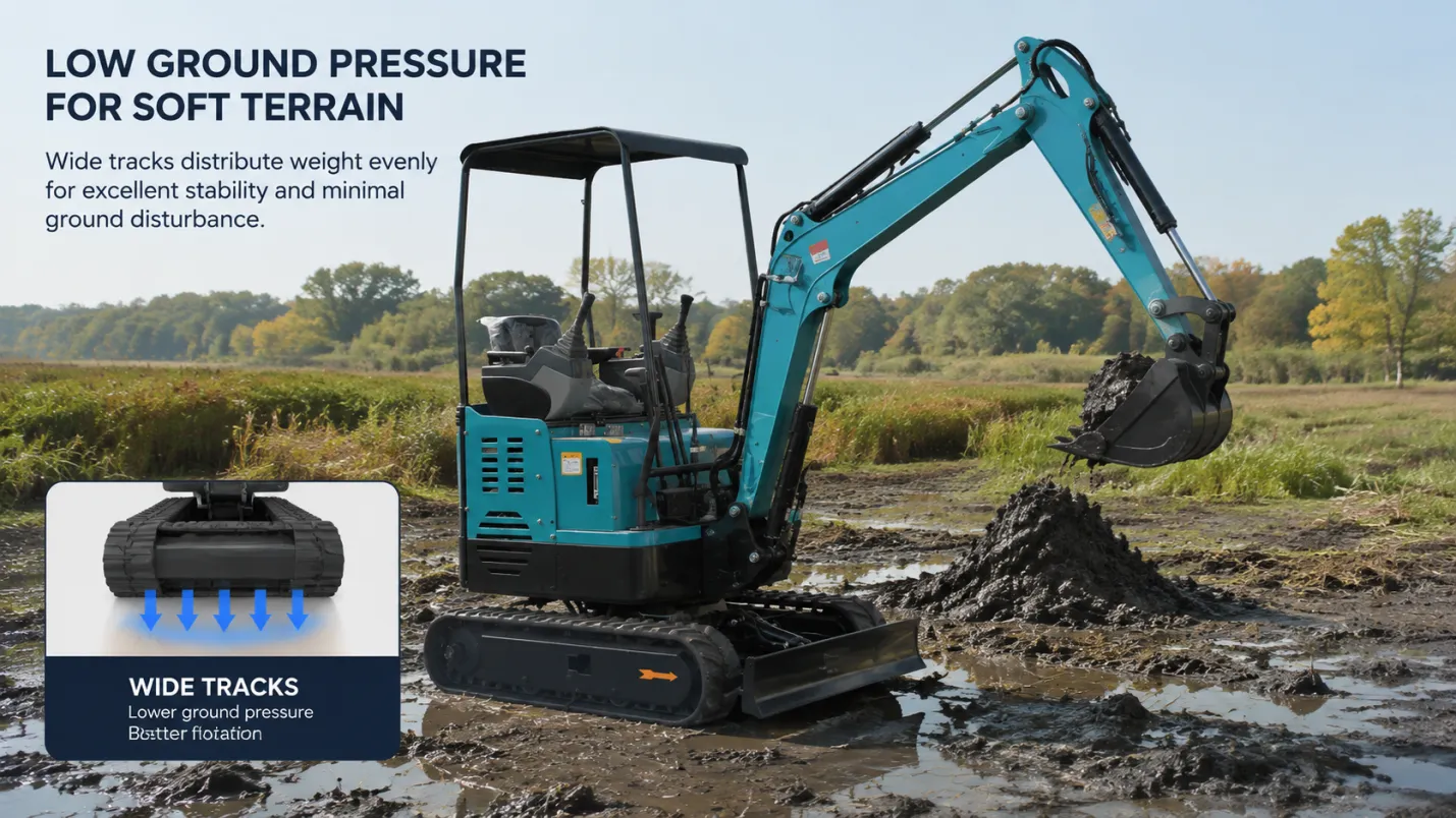 Mini excavator working on soft waterlogged ground with wide tracks showing low ground pressure operation Mini Excavator in Wet Conditions — Mud, Soft Ground, and Waterlogged Sites