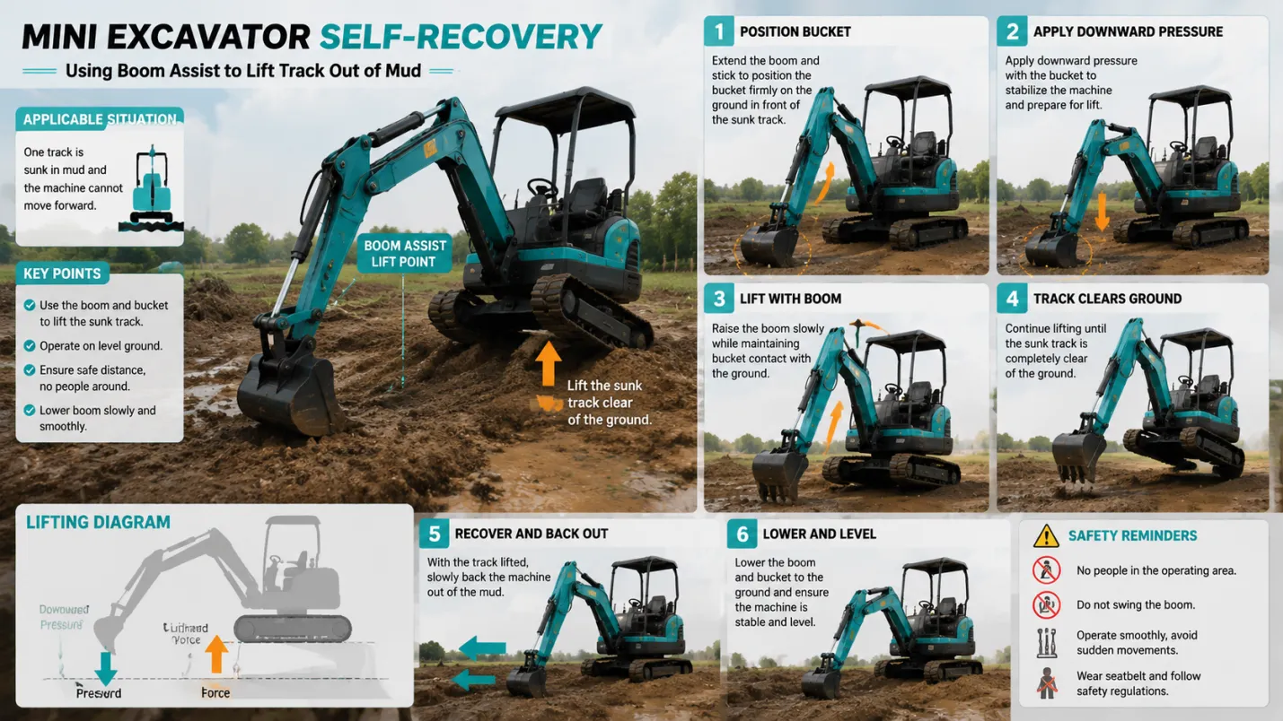 Mini excavator self-recovery procedure using boom assist to lift track out of mud Mini Excavator in Wet Conditions — Mud, Soft Ground, and Waterlogged Sites - detail image 2
