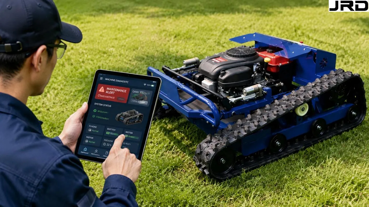 Technician reviewing maintenance alert on tablet computer beside RC mower, machine diagnostic screen visible RC Mower Fleet Management Telematics, Utilisation and Service Control