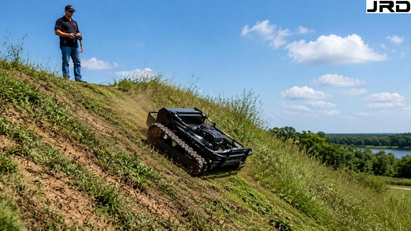 RC mower at the top of a steep embankment beginning a controlled downhill descent pass, operator standing flat at top with transmitter Extreme Slope Mowing with RC Mowers Ratings, Technique and Limits - detail image 2
