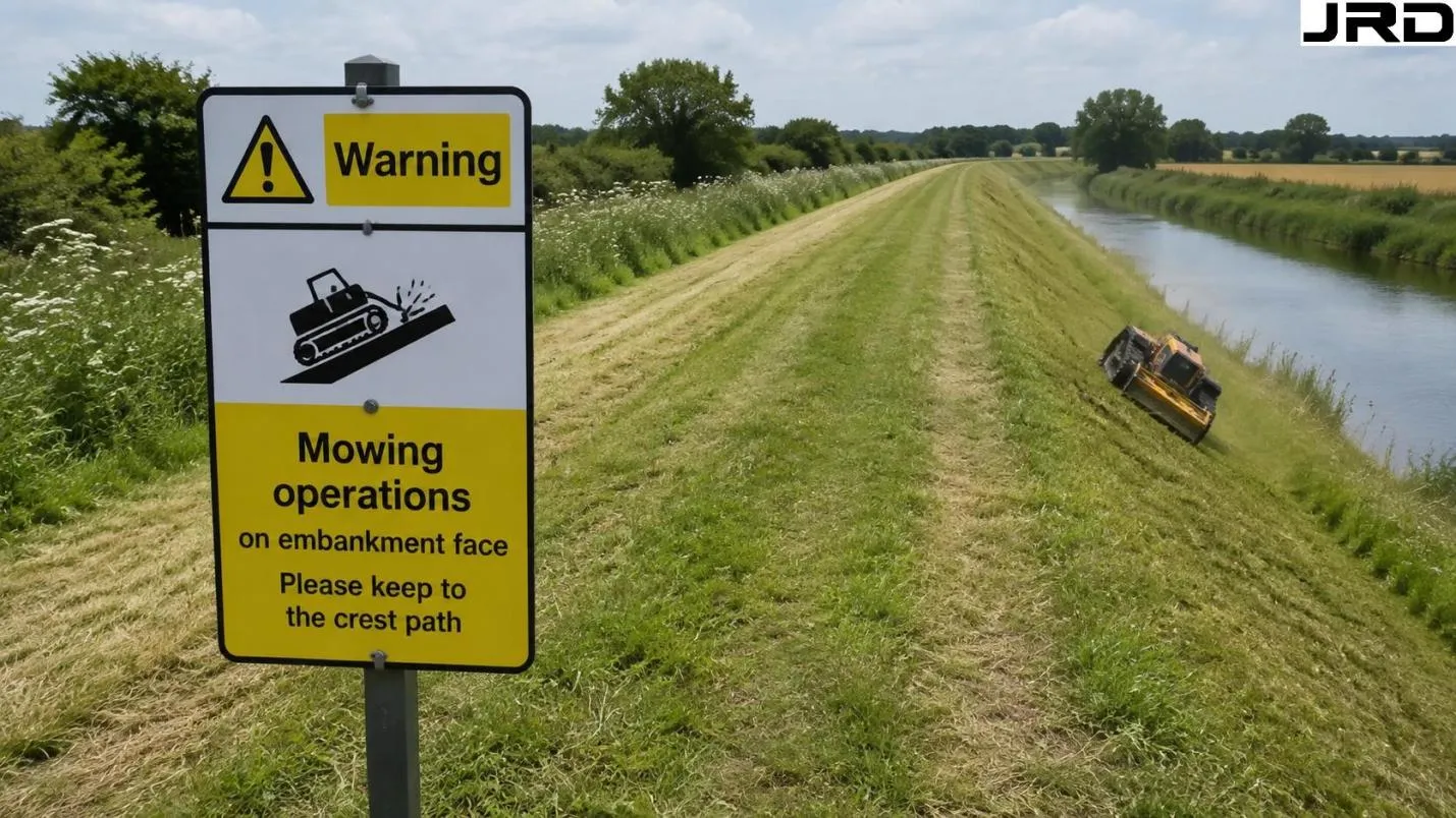 Warning signs posted on flood defence crest path indicating mowing operations on embankment face Flood Defence Embankment Vegetation Management with RC Mowers - detail image 2