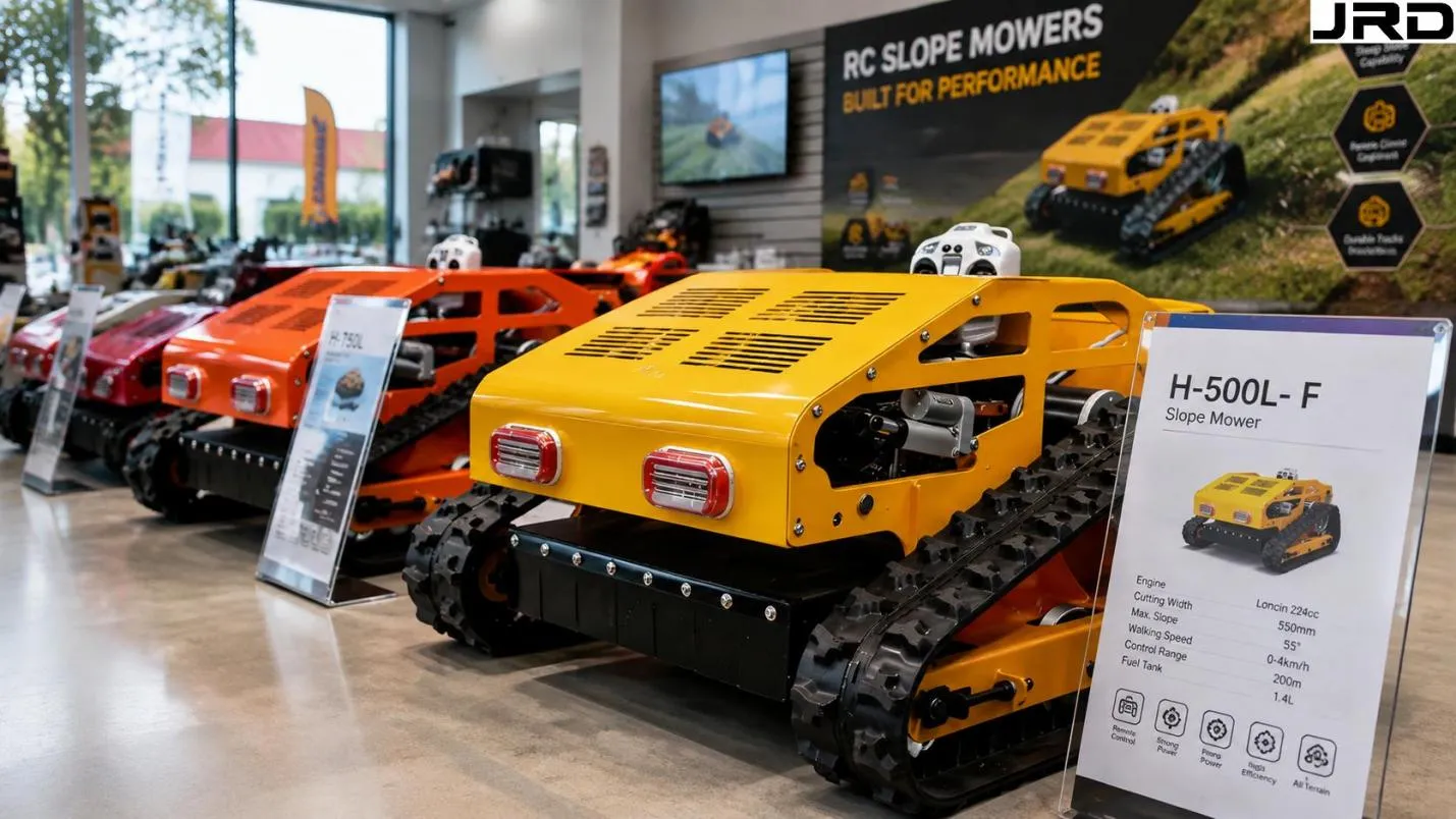 Row of new RC slope mowers in dealer showroom with specification tags visible New vs Used RC Mower Cost, Inspection and Specification Guide