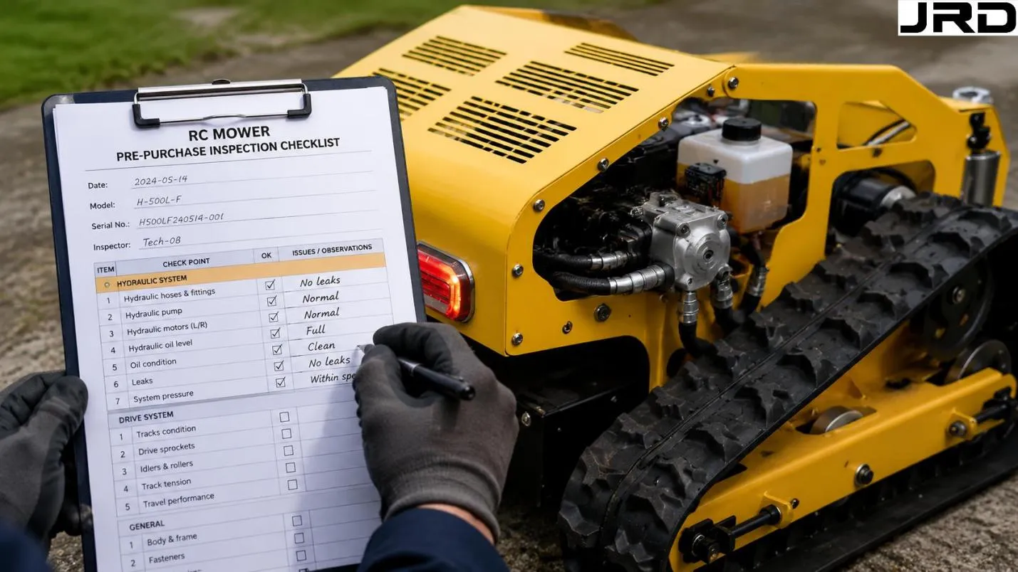 Pre-purchase inspection checklist form clipped to RC mower with technician marking hydraulic system observations New vs Used RC Mower Cost, Inspection and Specification Guide - detail image 2