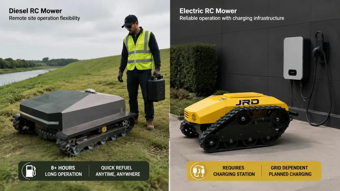 Diesel RC mower remote refuelling vs electric RC mower grid charging comparison Diesel vs Electric RC Mower Cost, Run Time and Application Fit - detail image 2