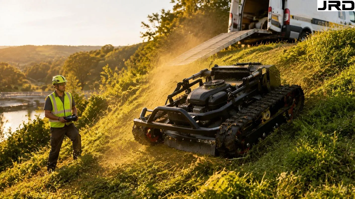 A powerful RC slope mower conquering a steep, lush green grassy riverbank during a busy seasonal peak period. RC Mower Rental vs Purchase Finding the Crossover Point - detail image 2
